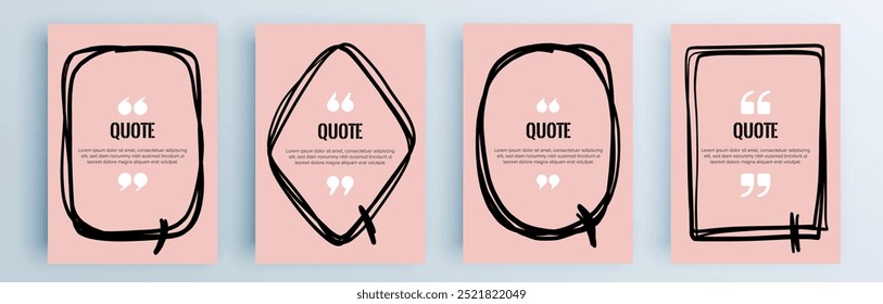 Quote frames blank templates set. Text in brackets, citation empty speech bubbles, quote bubbles. Textbox isolated on color background. Vector illustration.