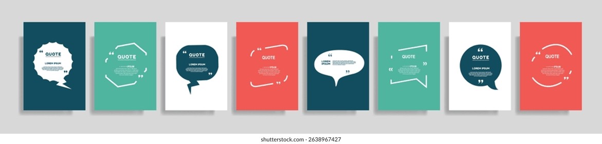 Quote frames blank templates set. Text in brackets, citation empty speech bubbles, quote bubbles. Textbox isolated on color background. Vector illustration