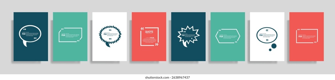 Quote frames blank templates set. Text in brackets, citation empty speech bubbles, quote bubbles. Textbox isolated on color background. Vector illustration