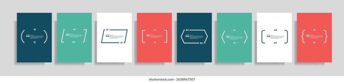 Quote frames blank templates set. Text in brackets, citation empty speech bubbles, quote bubbles. Textbox isolated on color background. Vector illustration