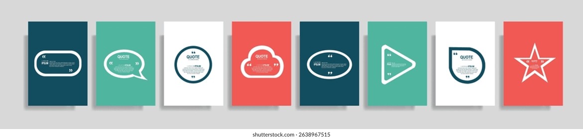 Quote frames blank templates set. Text in brackets, citation empty speech bubbles, quote bubbles. Textbox isolated on color background. Vector illustration