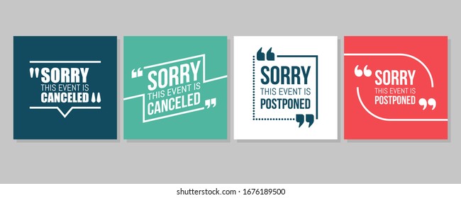 Quote frames Emergency set. Event Canceled or Postponed Text in brackets, citation speech bubbles, quote bubbles. Textbox isolated on color background. stock illustration