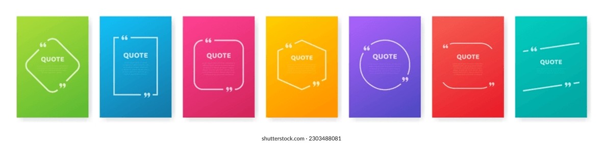 Juego de vectores de fotogramas de cita. Plantillas de banner en blanco con comillas de voz. Cuadros de texto de encabezado sobre fondo colorido. Colección de afiches creativos