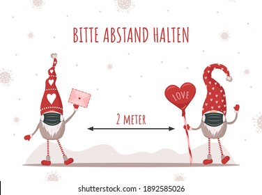 Zitat in deutscher Sprache: □ halten für Valentinstag. Gerötete Gnome mit einer Schutzmaske aus dem Coronavirus. Vektorgrafik im Cartoon-Stil. Design für Poster, Banner, Flyer.