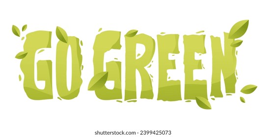 Zitat "grün gehen" aus Gras und Blättern. Ökologie-Konzept. Cartoon, Vektorgrafik.