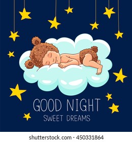 Quote Good night. Sweet Dreams. The trend calligraphy. Vector illustration on a blue background. The baby in bear costume sleeping on a cloud