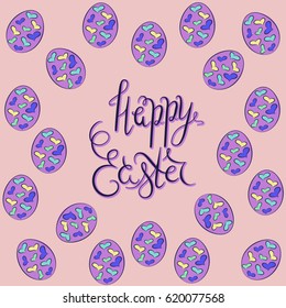Quote Happy Easter, calligraphy. Hand drawn lettering for Easter with eggs. Religion holiday. Could be used for greeting card.