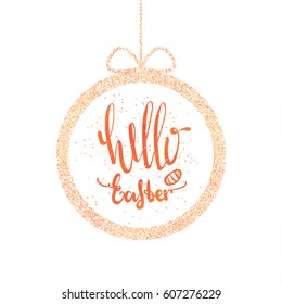 Quote Happy Easter Day round frame with bow design background. Lettering design. Easter greeting card. Background template. Vector