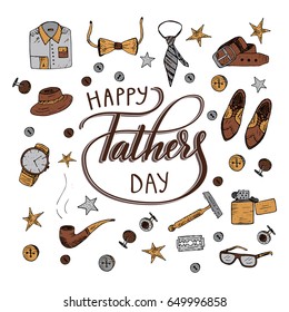 Quote "Happy father's day" with men's vintage symbols. Excellent holiday card.with men's vintage symbols. Excellent holiday card for father's day. Vector illustration. Trend handwrit ten calligraphy.