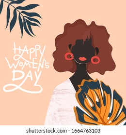 Quote Happy Women`s Day for postcard, flyer. Afro Americam woman in minimalism style with tropical leaves for 8 march holiday. Feminism trendy concept in vector. 