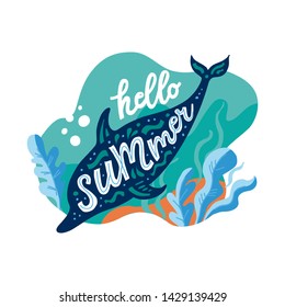 Quote Hello summer! Vector colorful flat illustration. Hand painted lettering. Dolphin dives into the sea, at the bottom of the algae and starfish. Travel concept and great print