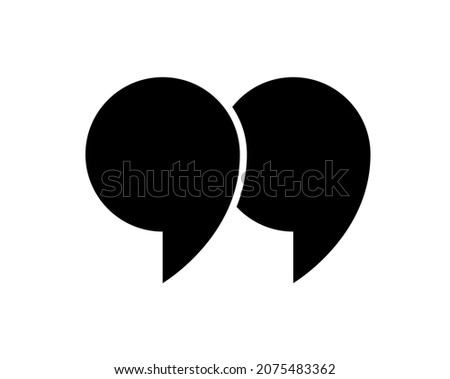 Quote icon. Mark for quotation, speech and citation. Double comma and inverted double comma. Black symbol for bubble, discussion and text. Graphic logo for open and end of chat. Vector.