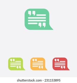 Quote icon. Quotation mark in speech bubble symbol. Direct oration sign.