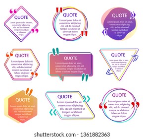 Quote info box. Set of color quotes bubble templates. Text remark frame, quotes reference label and texting dialogue words excerpt frames boxes or mention balloon. Vector Quote info box