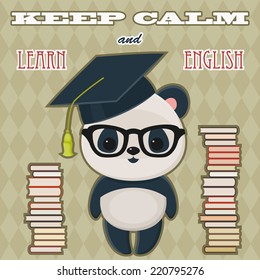 Quote "Keep calm and learn English" with panda and many books