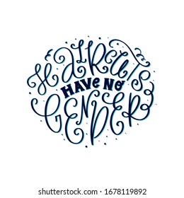 Quote lettering on black silhouette. Calligraphy style beauty quote. Hairstyle hair care promotion motivation. Haircuts have no gender. Postcard poster beauty graphic design.