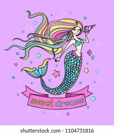 Quote lettering 'Sweet dreams". Cute poster, label, greeting card or apparel print with mermaid, stars, hearts,  fishes on violet background.  Cartoon character. Doodle vector illustration. 