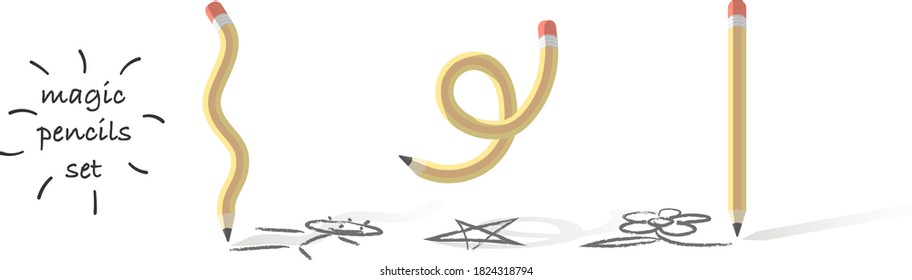 Quote Magic pencils set. Isolated on white background. Imprisoned Pencils with different shape. Stationery, simple pictures, eraser, sharp, lead. School equipment. Making draws. 