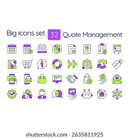 Quote management line color icons set. Workflow organization, documents. Price control, discount. Agreement, negotiation. Vector illustrations. Simple flat colorful symbols collection. Editable stroke