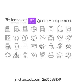 Quote management line icons set. Product strategy, analytics. Workflow communication, statistics. Isolated vector outline illustrations. Thin lineart iconset symbols. Editable stroke
