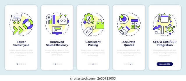 Quote management onboarding mobile app screen. Pricing strategy. Walkthrough 5 steps editable graphic instructions with linear concepts. UI, UX, GUI
