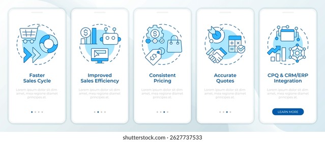 Quote management software blue onboarding mobile app screen. Walkthrough 5 steps editable graphic instructions with linear concepts. UI, UX, GUI