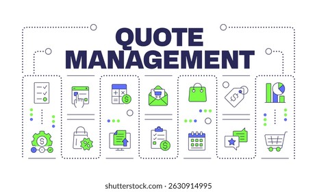 Quote management word concept isolated on white. Product strategy. Business goal, corporate. Creative illustration banner surrounded by editable line colorful icons