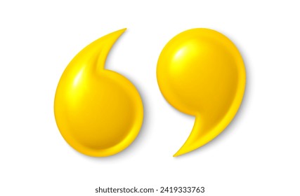 Quote mark 3d icons. Quotation marks, yellow comma sign. Information quote design. Comment message and citation, quotation decoration. Vector illustration