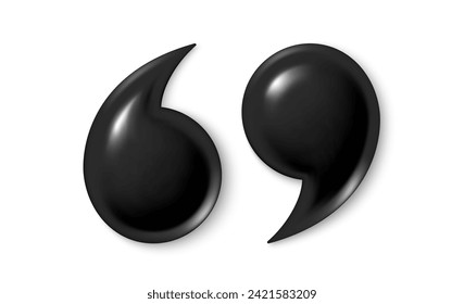 Quote mark 3d icons. Quotation marks, black comma sign. Information quote design. Comment message and citation, quotation decoration. Vector illustration