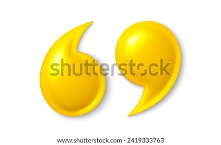 Quote mark 3d icons. Quotation marks, yellow comma sign. Information quote design. Comment message and citation, quotation decoration. Vector illustration
