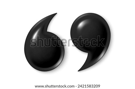 Quote mark 3d icons. Quotation marks, black comma sign. Information quote design. Comment message and citation, quotation decoration. Vector illustration