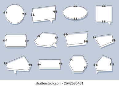 Quote mark banner. Text boxes with quotation marks, speech bubble frames for message UI, comment dialog quotes borders for blog feedback design. Vector isolated set.