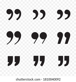Quote mark black icon set isolated on transparent background. Quotation sign. Quotes symbol