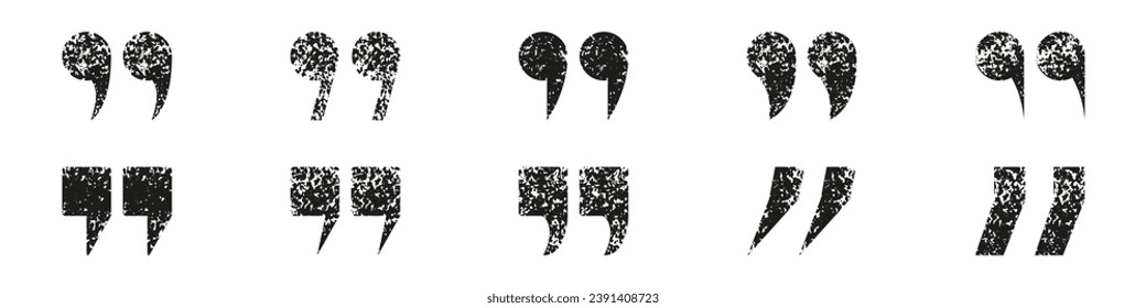 Quote Mark Grunge Texture Icon Set. Black Double Comma, Speech Punctuation Dirty Symbols. Quotation Grimy Sign Collection. Dialogue Or Conversation Concept. Isolated Vector Illustration.