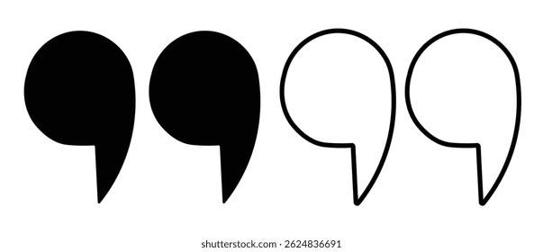 quote mark icon set. quotes icon vector sign design. discussion dialog remark open and close quote sign in black filled and outlined style
