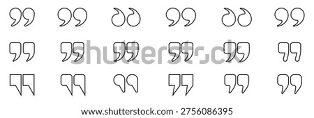 Quote mark line vector icon set, quotation mark collection, outline simple illustration, isolated quote icons. Quotes icon set with talk bubbles, quotation marks, and inverted commas. Outline and solid vector icons in black, ideal for UI, speech elements, and comment highlights.