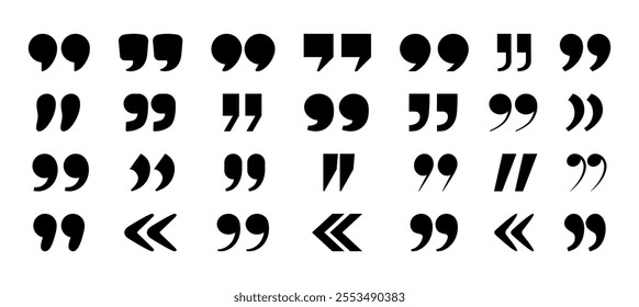 Quote mark. Quotation marks icons. Black various punctuation symbols. Minimalist typography quote elements, double commas, text accent signs for citation. Vector set.