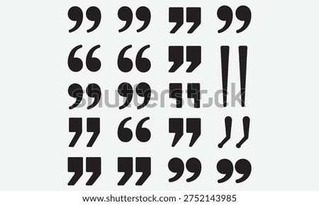 Quote mark. Quotation marks icons. Black various punctuation symbols. Minimalist typography quote elements, double commas, text accent signs for citation