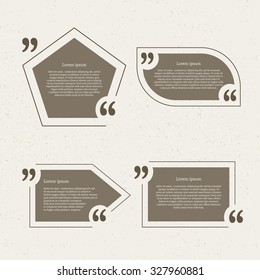 Quote mark speech bubbles set. Empty quote blank citation template. Four different design element for business card, paper sheet, information, note, message, motivation, comment. Vector illustration.