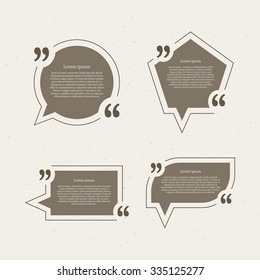 Quote mark speech bubbles set. Empty quote blank citation template. Four different design element for business card, paper sheet, information, note, message, motivation, comment. Vector illustration.