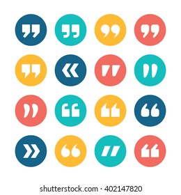 Quote marks flat circle vector icons set isolated on white background. Collection of double commas signs for quotation