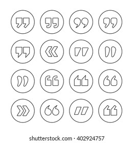 Quote marks outline circle vector icons set isolated on white background. Thin line style double commas signs collection for quotation