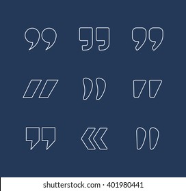 Quote marks outline vector icons set isolated on dark background. Thin line style double commas signs collection for quotation