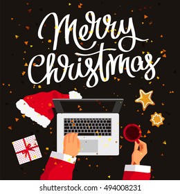 Quote Merry Christmas. Santa Claus at his laptop. Cup of coffee, gift box and ginger biscuits on the table. Excellent New Year's gift card. Vector illustration on a black background.