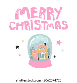 Quote Merry Christmas and snow ball around stars. Holiday toys. New year celebrating poster. Print, sticker card design. Flat style in vector illustration. Pink and blue colors. Isolated elements.