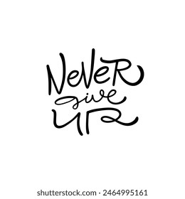 Quote Never give up handwritten in stylish black font on white background, exuding motivation and encouragement