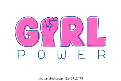 Quote Pink Fluffy Text Girl Power With Feminist Fist And Blue Line Anaglyph Style Vector Illustration