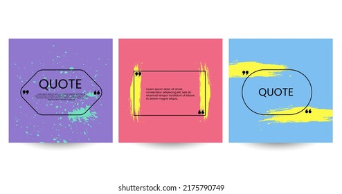 Quote poster set. Hand drawn geometric frame, box collection with double comma sign, bubble speech and quotation place. Blank template for comment or message, creative banner vector isolated set