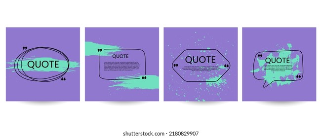 Quote poster set. Hand drawn geometric frame, box collection with double comma sign, bubble speech and quotation place. Blank template for comment or message, creative banner vector isolated set