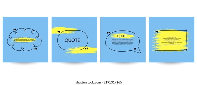 Quote poster set. Hand drawn geometric frame, box collection with double comma sign, bubble speech and quotation place. Blank template for comment or message, creative banner vector isolated set